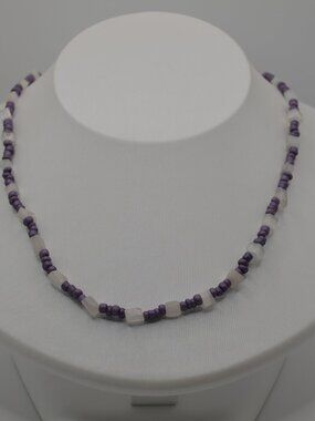 Purple and White Beaded Necklace